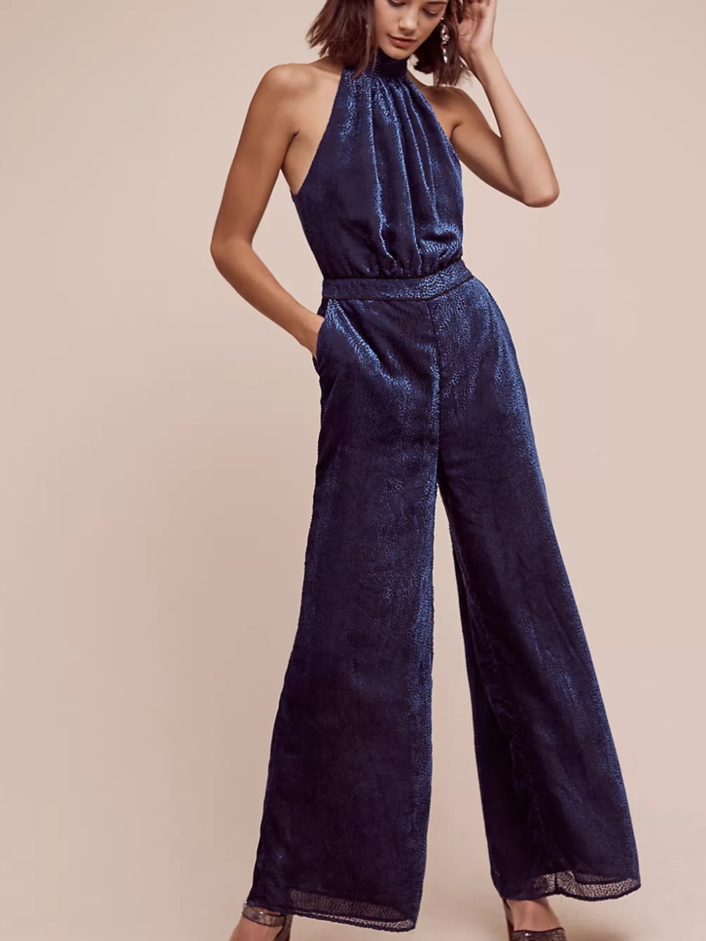 Elevenses Nova Jumpsuit Anthropologie navy blue velvet halter wide leg 4